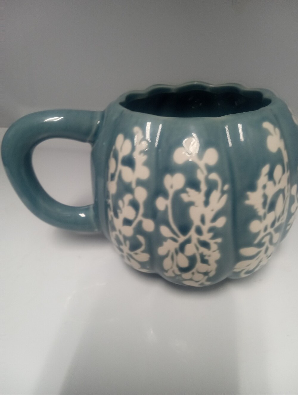 Anthropologie Teal And White Pumpkin Mug Large